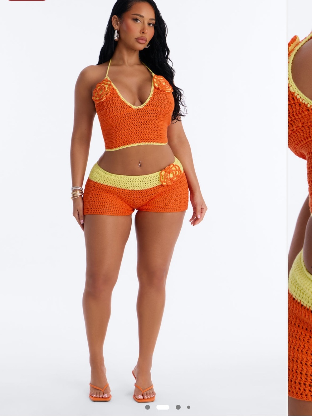 Fashion Nova Orange & Yellow Crochet Two-Piece Shorts Set